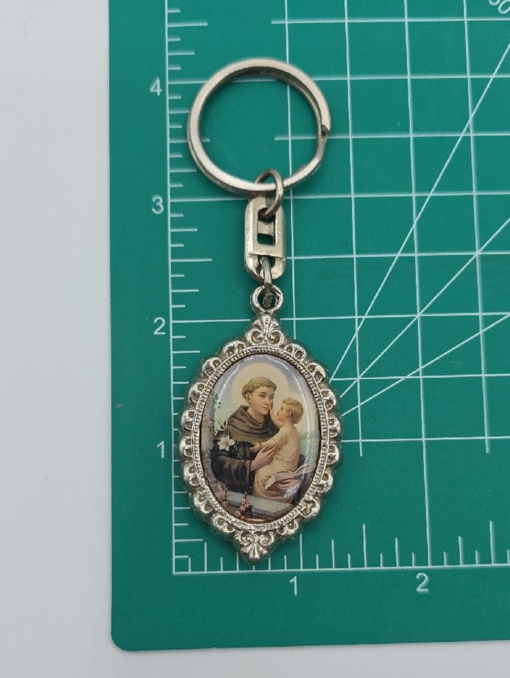 Religious Medallion Keychain with Vintage Holy Images - Silver Tone - Picture 3 of 6